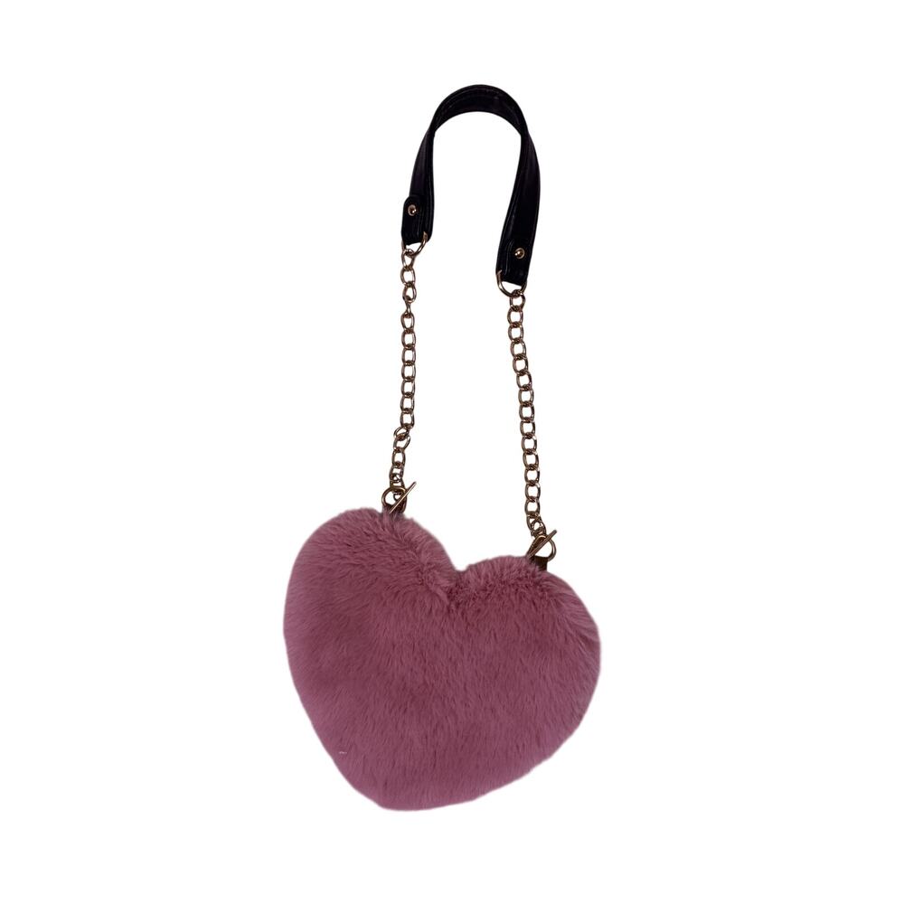 Fuzzy Heart Y2K Purse Gold Pink Coquette Kawaii Shoulder Bag Cute Aesthetic - Picture 3 of 5